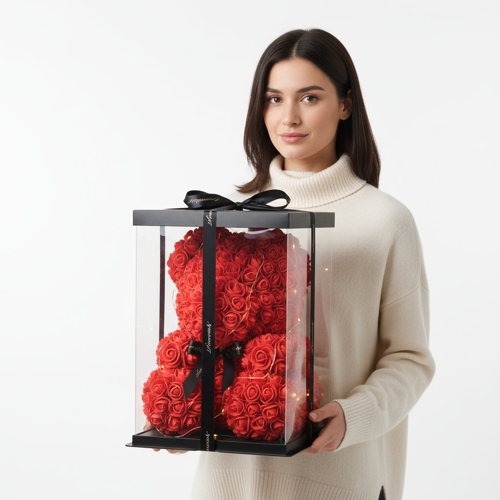 Ours en Roses Artificielles 25cm avec Boîte